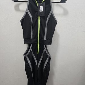 Fashion Nova Black with Gray and Neon Green Accents Always In Sport Romper